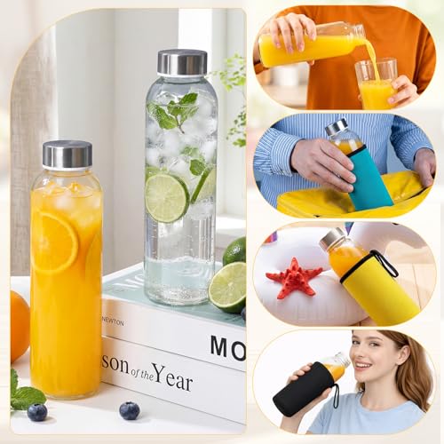 12 Pack Glass Water Bottles with Sleeves (Low Profile / Multicolored)
