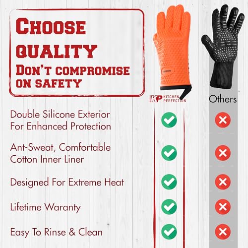 Silicone Griddle Grill Gloves Heat Resistant Oven Mitts (Blaze Orange / One Size)