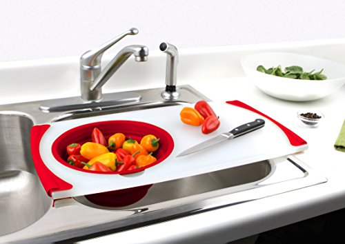 Over the Sink Poly Cutting Board with Collapsible Colander Strainer