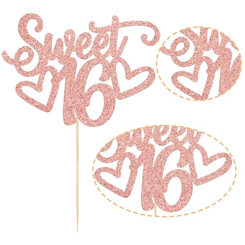 1Pc Sweet Teenager 16 Cake Topper Glitter 16th Birthday Cake Pick for Cheers to 16 Years Old 16th Birthday Party Cake Decorations Supplies Rose Gold