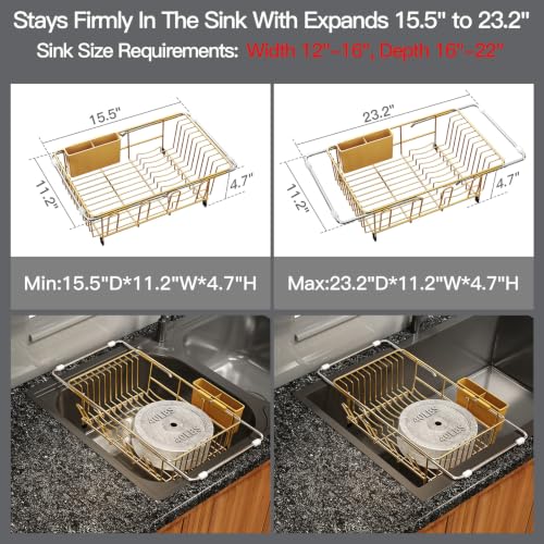 Gold Expandable Dish Drying Rack Over Sink with Extra Drainboard (Gold / For 11.5"-16" W Sink with Cup Holder & Drainboard)