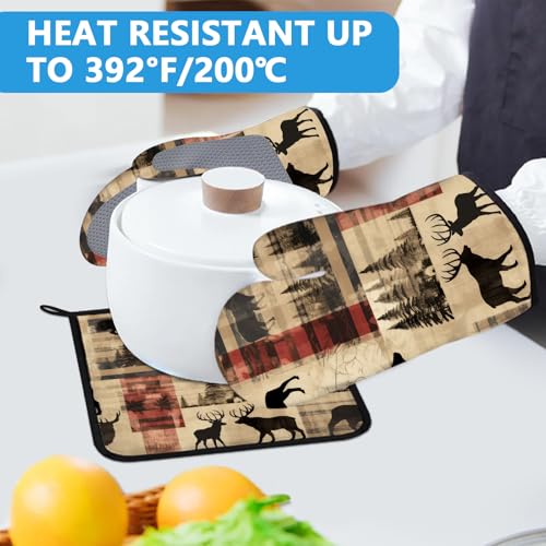 Deer and Bear Oven Mitts and Pot Holders Sets Heat Resistant 4Pcs Wild Animal Potholders Oven Gloves Hot Pads for Kitchen Baking Cooking Grilling BBQ (Deer and Bear)