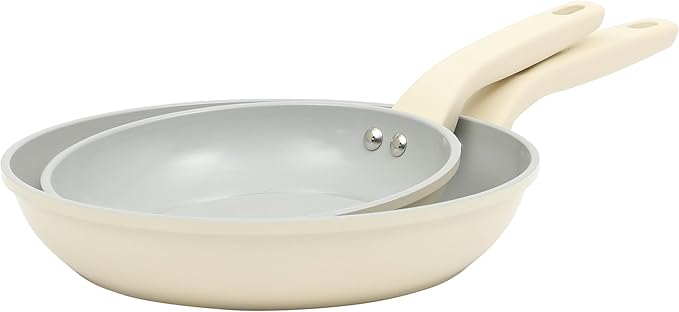 Gibson Home Barnsdall 2 Piece 8 & 10 Inch Aluminum Fry Pan Cookware Non-Toxic Ceramic Non Stick Frying Pan, Kitchen Egg Pan, Omelet Pan, Always Pan, Pots and Pans, Linen White, Induction Safe