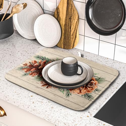 Winter Pine Cone Dish Drying Mat Holly Berries Dish Draining Mat Microfiber Washable Dish Drainer Rack Mat for Home Kitchen Counter 16"x18" (Winter Pine Cone / 16" x 18")