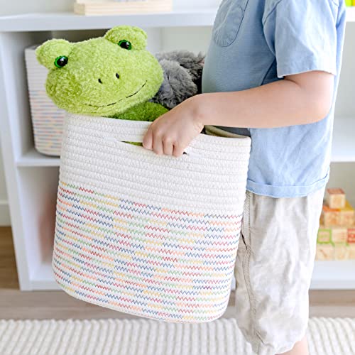 13 Inch Cube Storage Bins Cotton Rope Woven Baskets for Organizing 3 (Off White & Rainbow Stitching / 13 x 13 x 13 (Standard))