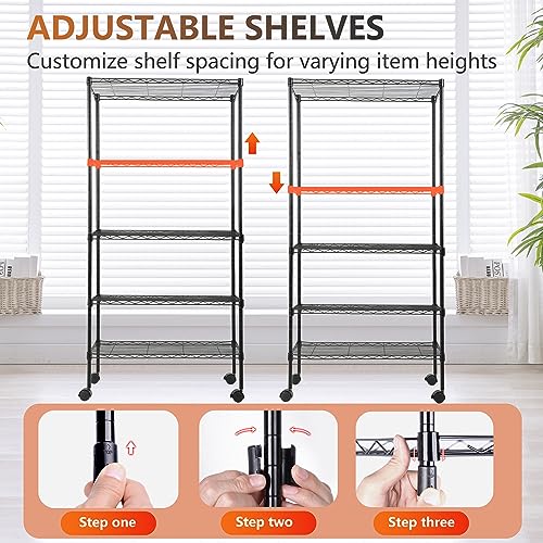 Adjustable 5 Tier Metal Shelf with Wheels (5 Count)