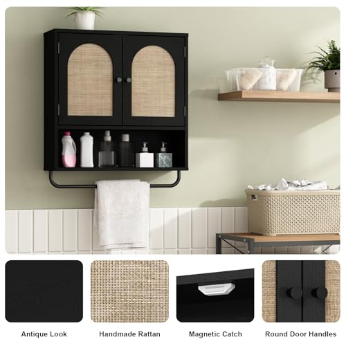 Rattan Bathroom Wall Cabinet (Black / 2 Doors)