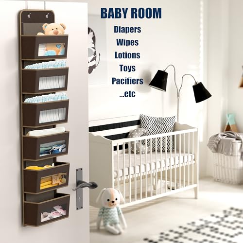6 Clear Window Pocket Over Door Hanging Organizer (6 Pockets / Brown)