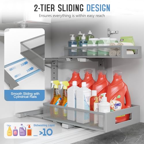 1 Pack-11.4"-16.14" H Under Sink Storage Organizer, Large 2-Tier Elegant Mesh Pull Out Shelf for Kitchen & Bathroom Cabinet Organization, L-Shaped, Adjustable Height-Gun Gray (Gun Gray / 1 Pack-15.74"Dx11.4"-16.14"H)