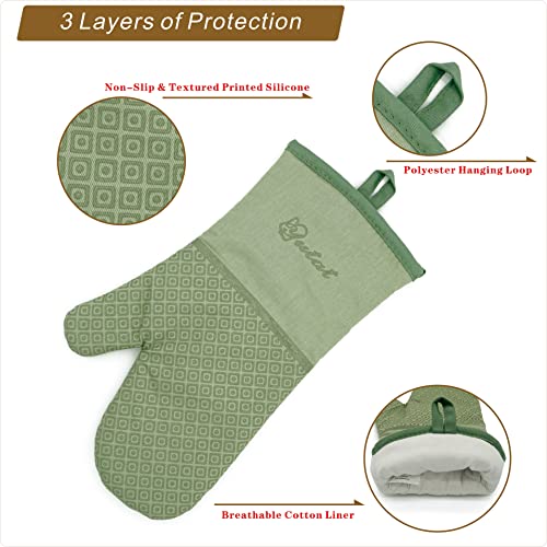 Silicone Oven Mitts (4PCS-13"L x 7"w/Peak Green-HeartSet)