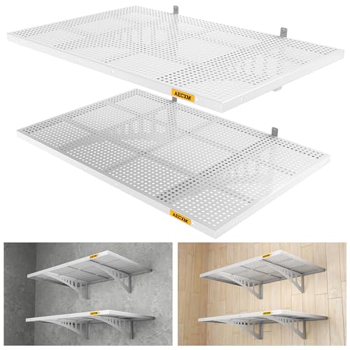 2 Pack 2x3ft Adjustable Garage Wall Shelving 560lbs Load Capacity Heavy Duty Wall Mounted Storage Shelf Metal Floating Shelves for Garage (2pack-2x3ft / White)