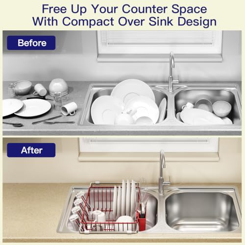 Red Expandable Dish Drying Rack Over Sink with Anti (Red / For 11.5"-16" W Sink with Cup Holder)