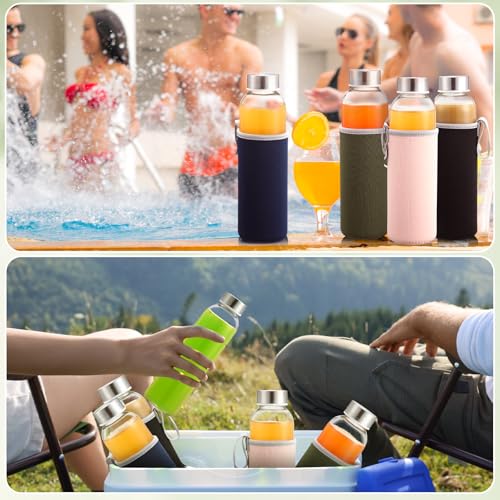 12 Pack Glass Water Bottles with Sleeves (Low profile / Colorful)