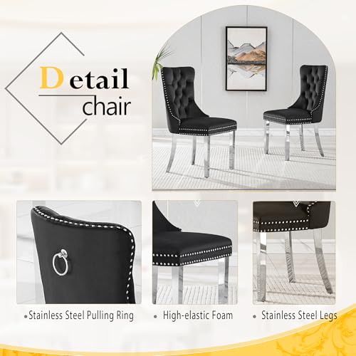 7 Piece Luxury Dining Room Set (Silver White + Black / Dining Table + 6 Velvet Chair)