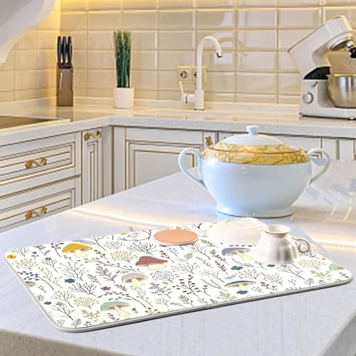 Cute Mushroom Wild Plant Dish Drying Mat for Kitchen Counter Absorbent Microfiber Drying Pad (16" x 18")