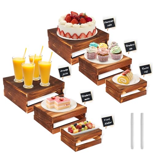 6 Piece Rustic Wood Buffet Risers with Mini Signs for Dessert Table (Rustic Wood / 6 Pcs (8.0", 7.0" ,6.5"))