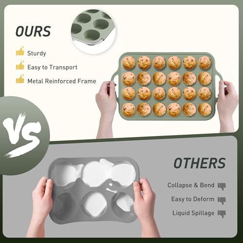 24 Cups Silicone Muffin Pan with Metal Reinforced Frame Mini Size Cupcake Pan Tray Egg Bites Silicone Circle Cookie Molds Little Small Muffin Tin Tart Pans Baking Sheet Set for Sandwiches (1pc: 24-Cup Mini / Morandi Green)