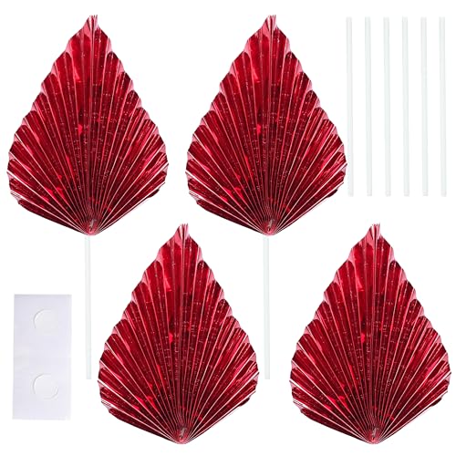 6Pcs Paper Palm Fan Cake Toppers Palm Spear Leaves Fan Cupcake Toppers Cake Insert Decorations Craft DIY Cake Bakeware Decoration for Birthday Party Wedding Party Decor Supplies Light Red (6 Count)