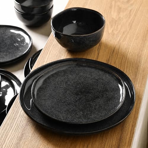 Mirella 24 Piece Stoneware Round Kitchen Dinnerware Set with Plates and Bowls (Charcoal / 24-Piece - Service for 8)