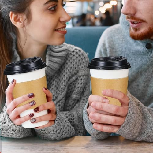100 Pack 16 oz Disposable Coffee Cups With Lids and Sleeves (White / 16OZ-100Pack)