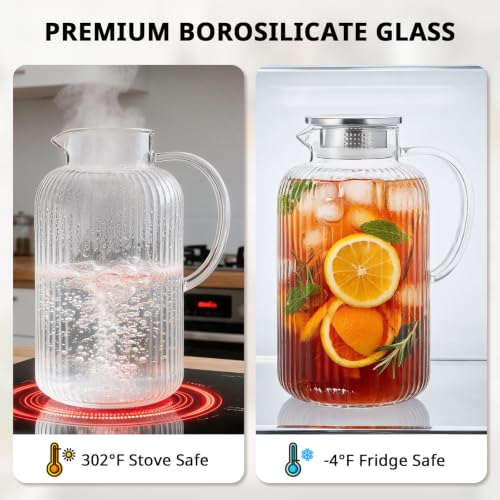 3 Liter 101 oz Stripes Glass Pitcher with Lid and Handle (Stripes Clear / 101.4 Ounces)