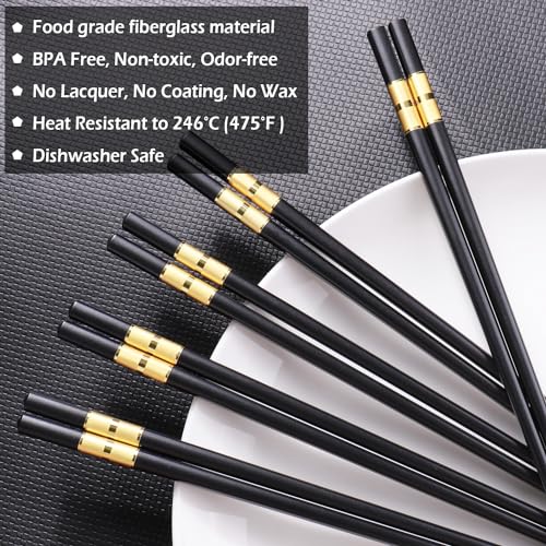 5 Pairs Premium Chopsticks Reusable Dishwasher Safe 9.5 Inch Fiberglass Chop Sticks Gift Set Non Slip Black+Gold (Black + Gold)
