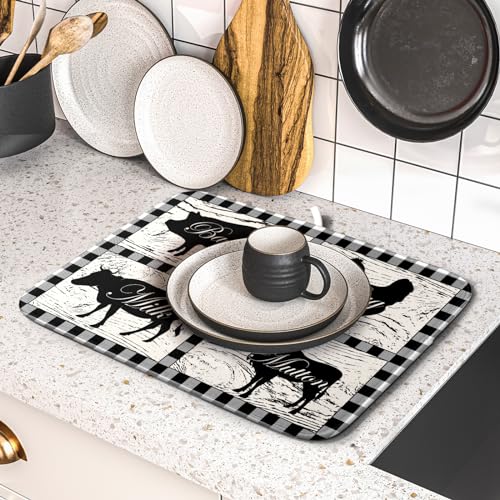 Farmhouse Animal Dish Drying Mat Buffalo Plaid Drainer Rack Mats Fast Dry Absorbent Kitchen Countertop Protector Dishes Pad 16x18 Inch (farmhouse animal / 16" x 18")