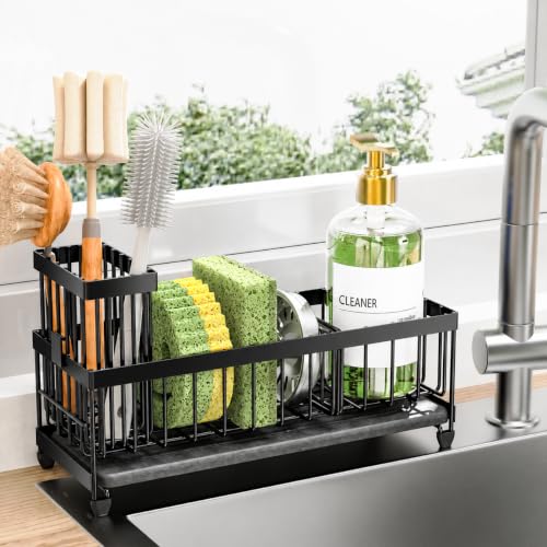 Sponge Holder for Kitchen Sink (Black Shelf With Stone Tray)