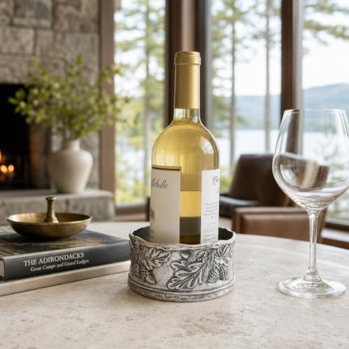 Wine Bottle Coaster Handcraft Pewter Acorn and Oak Leaf Pattern Heirloom Quality 5 inch Diameter x 2.25 inch Tall