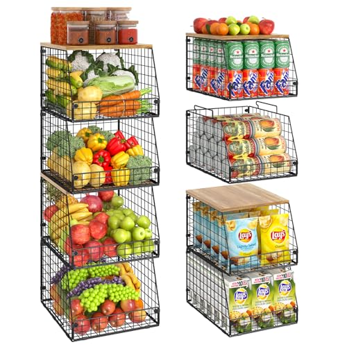 4 Pack Stackable Wire Baskets with Fixed Wooden Top (4 Pack with Wooden Top—Narrow 11.8"W x 15.4" D)