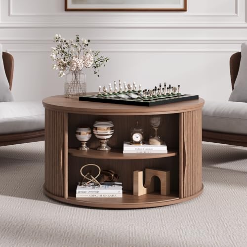 Round Lift Top Coffee Table with Storage (Rustic Walnut)