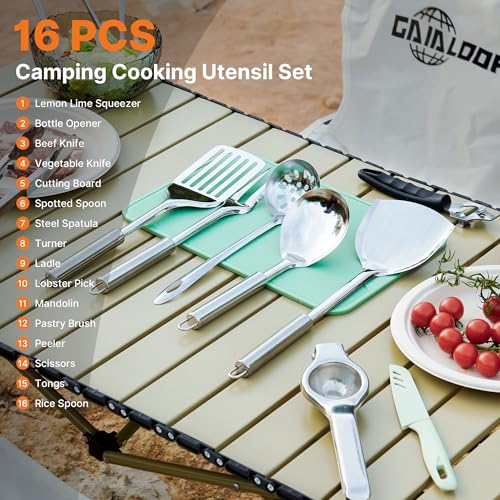 Camping Cooking Utensils Set 16 PCS Camp Kitchen Cookware Kit with Organizer Bag (16pcs)