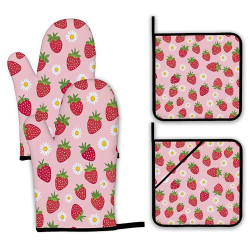 Cute Strawberry Oven Mitts and Pot Holders (4 Count)