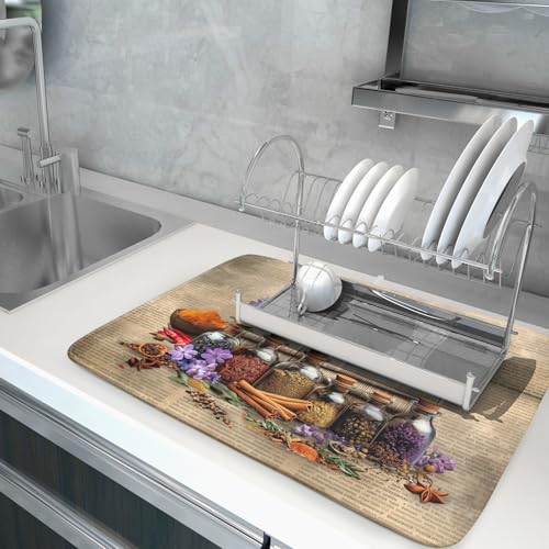 Herbs Kitchen Dish Drying Mat (Natural Materials Brown / 24" x 18")
