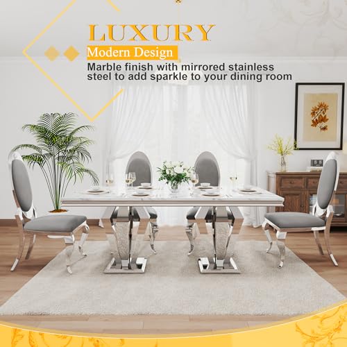 7 Piece Luxury Dining Room Set (Silver White + Grey / Dining Table + 6 Oval Chairs)