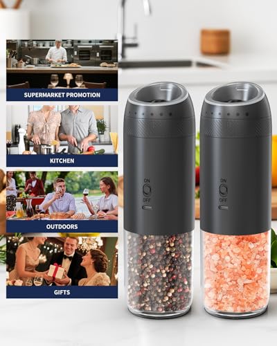Gravity Electric Salt and Pepper Grinder Set Rechargeable Automatic Pepper Mills with External Adjustable Coarseness (Rechargeable / Plus Black Set)