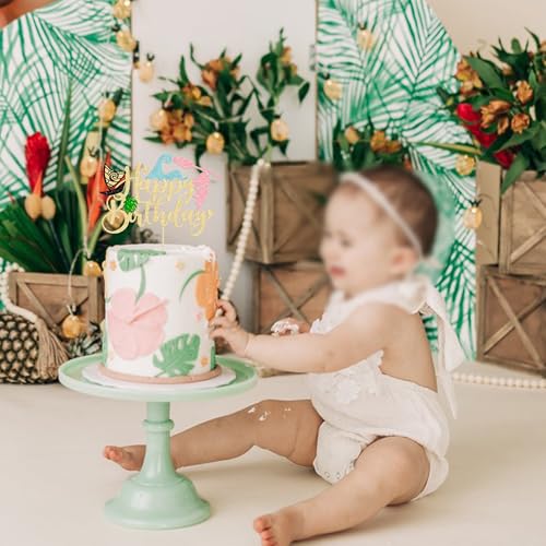 1Pcs Summer Cake Topper Glitter Tree Flower Happy Birthday Cake Pick Decoration for Tropical Hawaiian Luau Theme Baby Shower Kids Birthday Party Cake Decorations Supplies Gold (Gold 4)