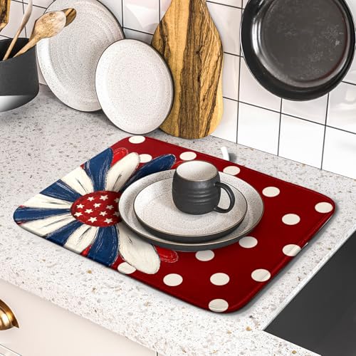 Patriotic Dish Drying Mat 16 x18 In Red and Blue Daisy Microfiber Kitchen Draining Mat for Countertops (Patriotic Floral Red / 18" x 16")