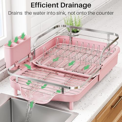 Expandable Dish Drying Rack for Kitchen Counter (Pink)