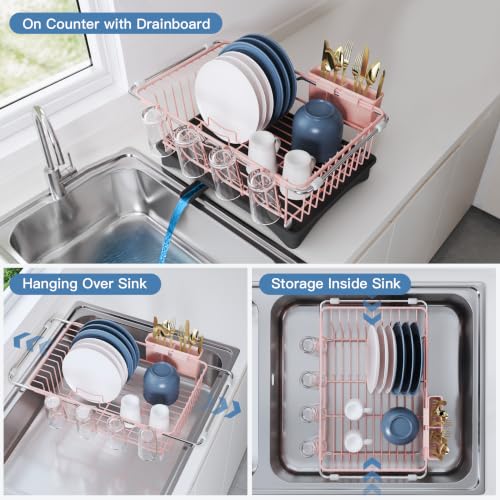 Pink Dish Drying Rack in Sink with Drainboard and Utensil Holder (Pink / For 12"-30"w Sink, with Drainboard)