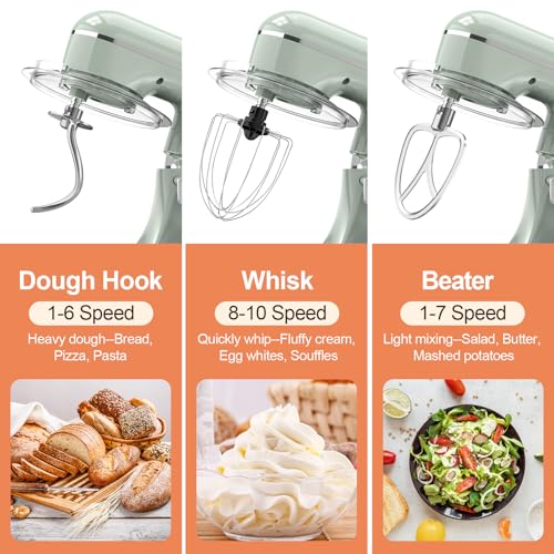 3-IN-1 Electric Stand Mixer, 6.5QT Bowl 660W 10-Speed Kitchen Mixer, Household Food Mixers include Dough Hook, Beater and Whisk, Bread Cake Mixer for Baking and Most Home Cooks, Green (Green)