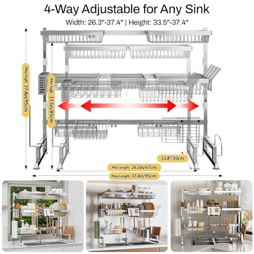 Luxurious 304 Stainless Steel Over Sink Dish Drying Rack (Silver / 26.3"- 37.4"L x 11.8"W x 33.5" - 37.4"H)