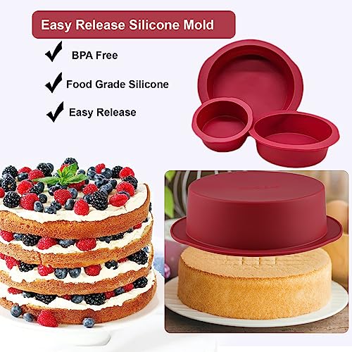 3 Piece Wine Red Silicone Round Cake Pans Set for Baking (4+6+8 Inch)