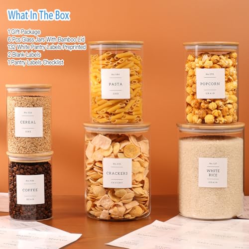 6 Pack Borosilicate Glass Storage Jars with Bamboo Lids + 132 Pre