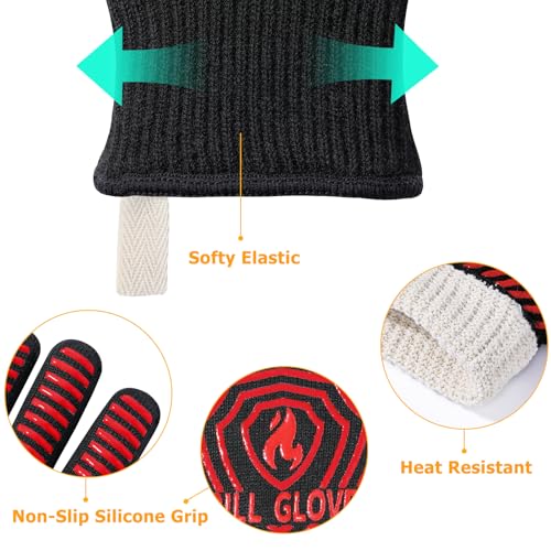 BBQ Gloves BBQ Accessories 1472℉ Extreme Heat Resistant (Black Red / One Size Fits Most(Long Cuff))