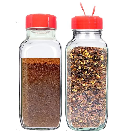 Glass Spice Jars with Shaker Lids (French Square 16oz Red Set of 2)