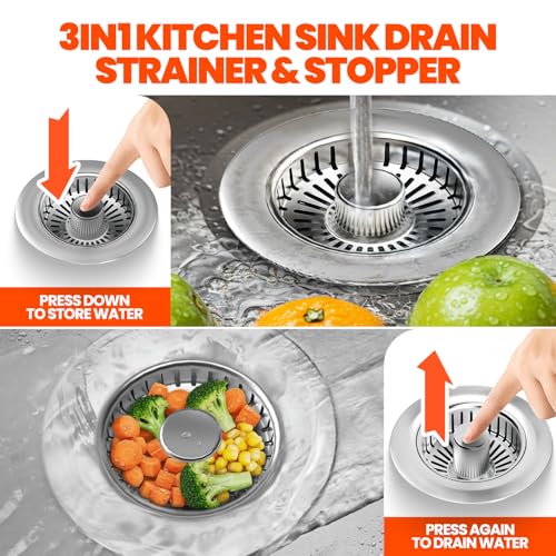 3 in 1 Kitchen Sink Drain Strainer and Stopper Brushed Silver (2pack / Silver Silver)
