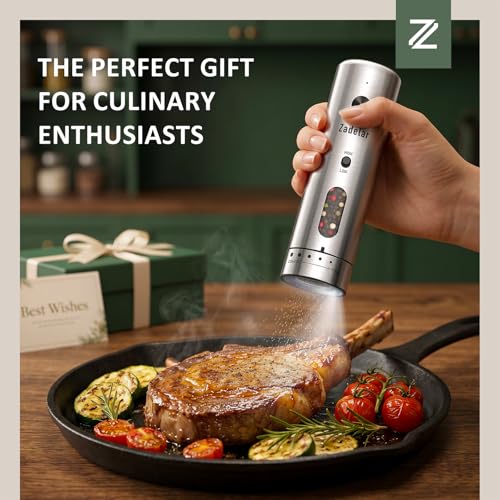 Electric Salt and Pepper Grinder Set with Charging Base (Variable Speed Silver)
