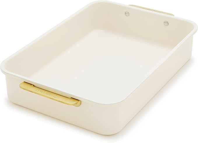 GreenPan Bakeware 13” x 9” Rectangular Cake Pan, Ceramic Nonstick Baking Pan, PFAS & BPA Free, Gold Handles, Durable Steel, Freezer to Oven Dish, Scratch Resistant, Bake & Roast Ovenware, Cream