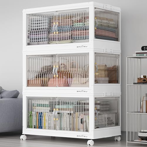 90Gal Stackable Storage Bins with Lids Foldable Boxes (White / 30Gal-3Pack)